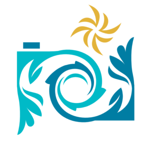 stylized camera logo with intertwined borders in blue and teal and a gold starburst flash