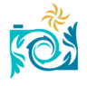 stylized camera logo with intertwined borders in blue and teal and a gold starburst flash